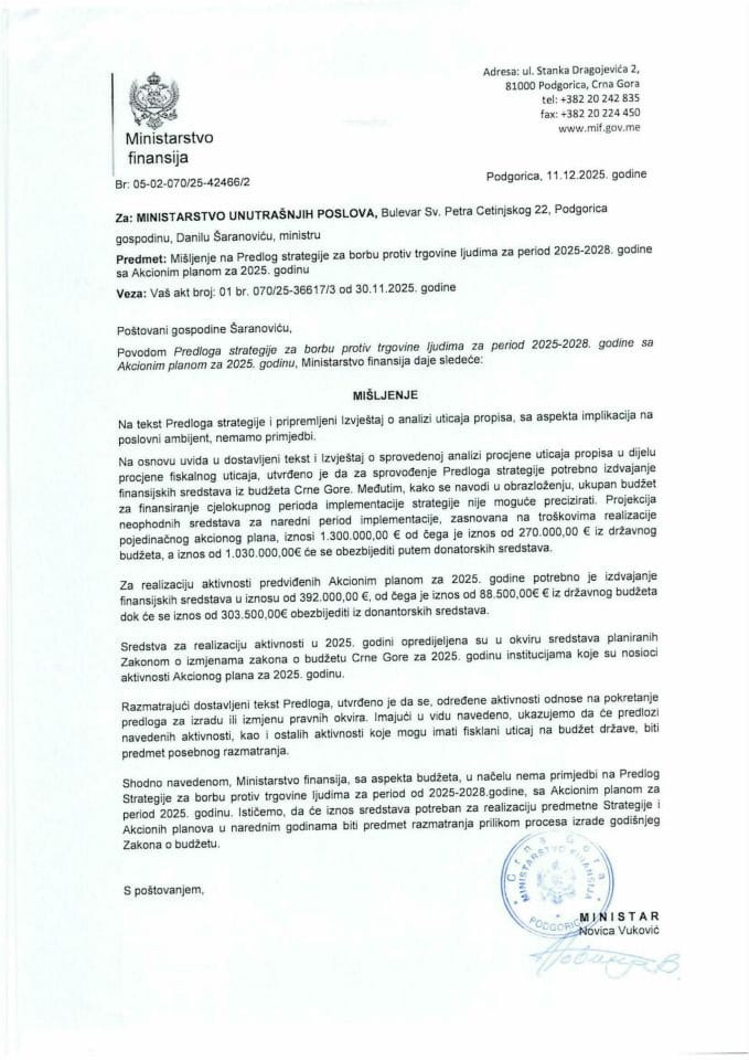 Mišljenje na Predlog strategije za borbu protiv trgovine ljudima za period 2025-2028. godine sa Akcionim planom za 2025. godinu