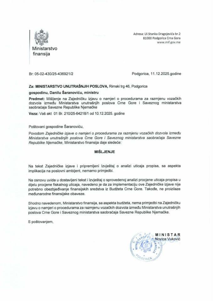 Mišljenje na Zajedničku izjavu o namjeri o procedurama za razmjenu vozačkih dozvola između Ministarstva unutrašnjih poslova Crne Gore i Saveznog ministarstva saobraćaja Savezne Republike Njemačke