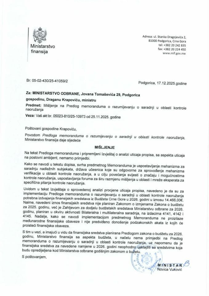 Mišljenje na Predlog memoranduma o razumijevanju o saradnji u oblasti kontrole naoružanja