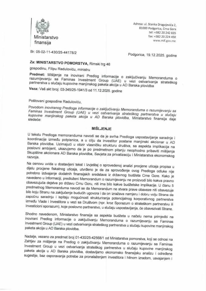 Mišljenje na inovirani Predlog informacije o zaključivanju Memoranduma o razumijevanju sa Faminas Investment Group (UAE) u vezi ostvarivanja strateškog partnerstva u slučaju kupovine manjinskog paketa akcija u AD Barska plovidba