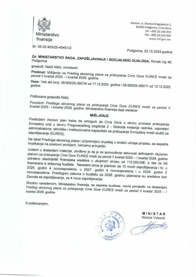 Mišljenje na Predlog akcionog plana za pristupanje Crne Gore EURES mreži za period II kvartal 2025 - I kvartal 2028. godine