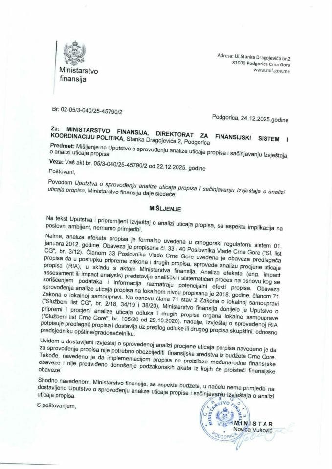 Mišljenje na Uputstvo o sprovođenju analize uticaja propisa i sačinjavanju Izvještaja o analizi uticaja propisa