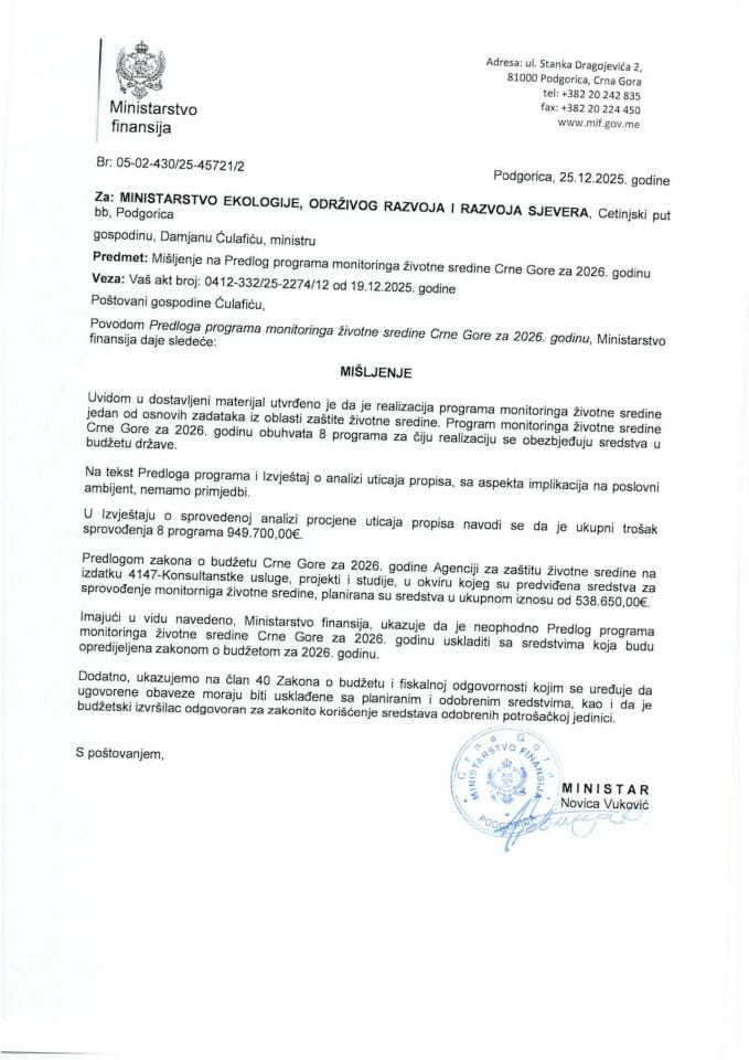 Mišljenje na Predlog programa monitoringa životne sredine Crne Gore za 2026. godinu