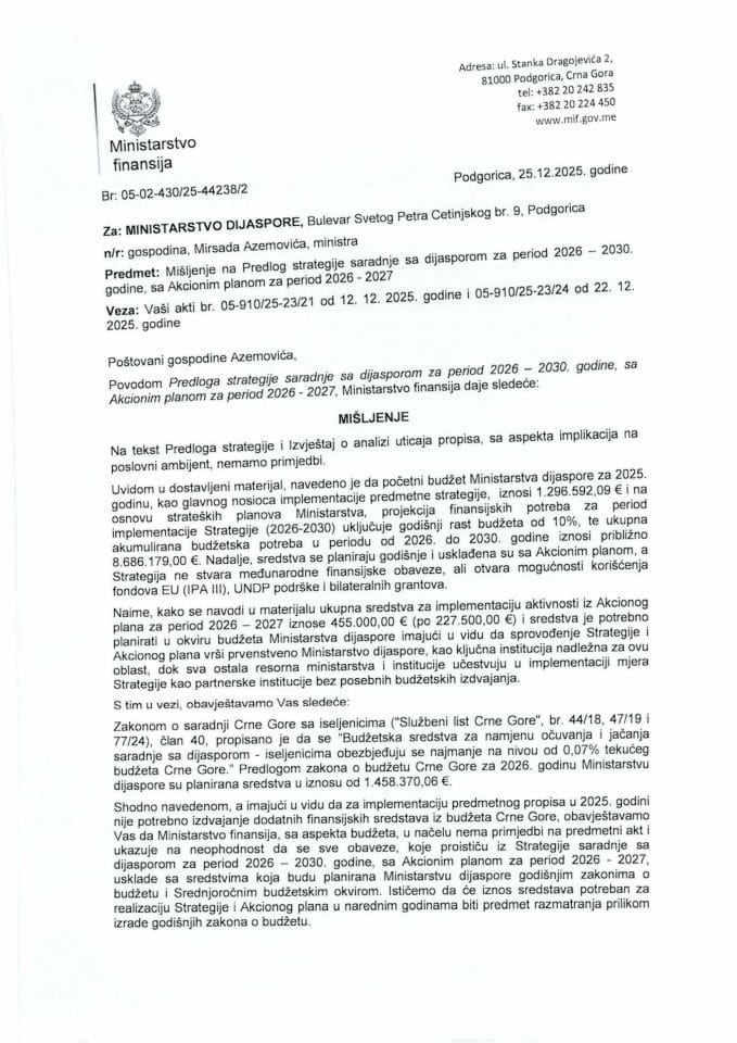 Mišljenje na Predlog strategije saradnje sa dijasporom za period 2026-2030. godine, sa Akcionim planom za period 2026-2027