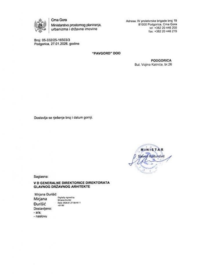 Rješenja glavnog državnog arhitekte - 27.01.2026 Rješenje -PAVGORD DOO, Podgorica -Opština Herceg Novi