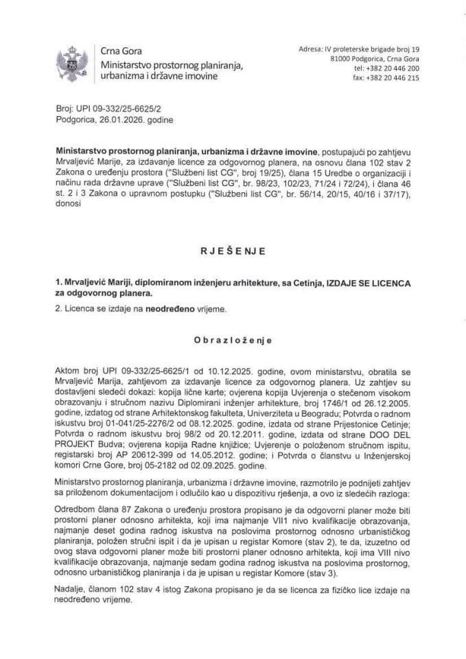 Licence za odgovornog planera - Marija Mrvaljević