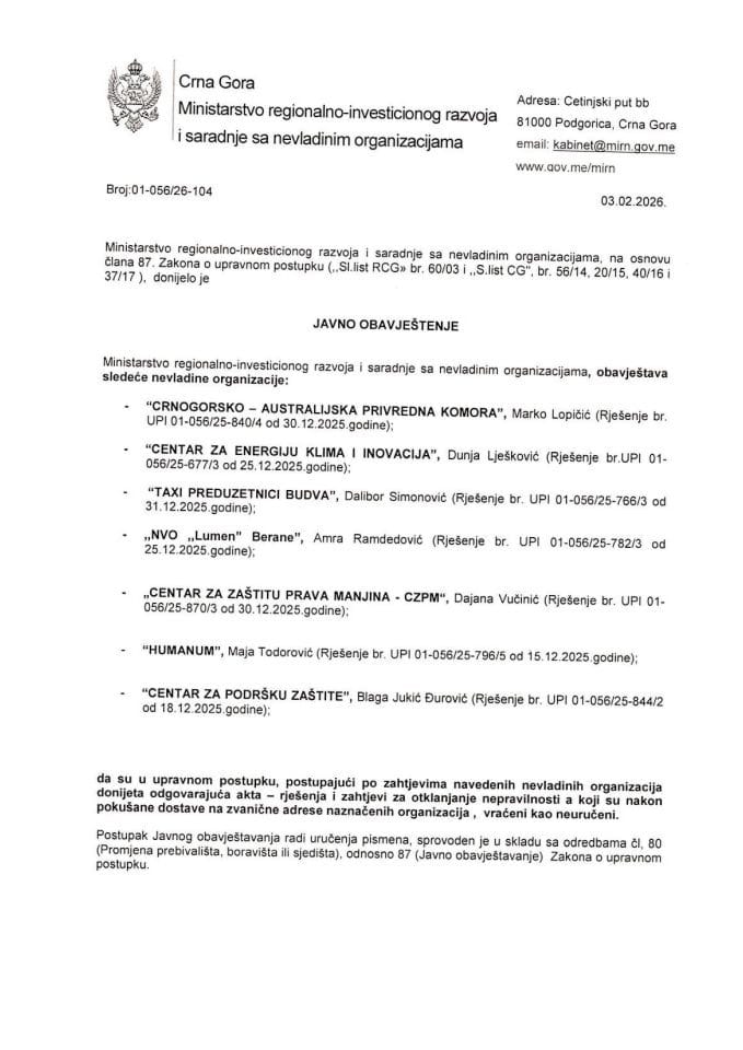 Javno obavještenje za NVO