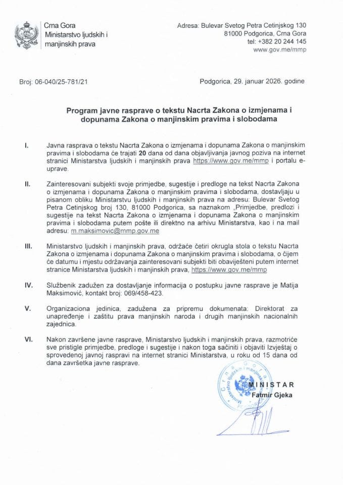 Program javne rasprave o tekstu Nacrta Zakona o izmjenama i dopunama ZMPS