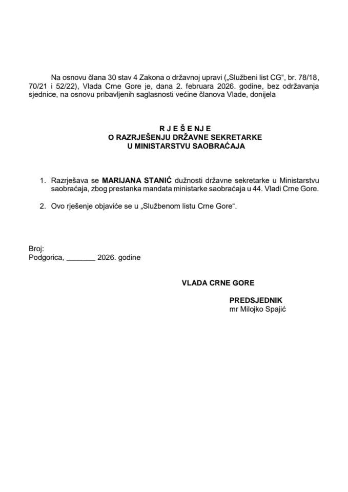 Predlog za razrješenje državnih sekretara u Ministarstvu saobraćaja