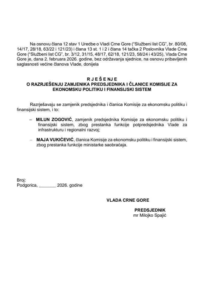 Predlog za razrješenje zamjenika predsjednika i članice Komisije za ekonomsku politiku i finansijski sistem