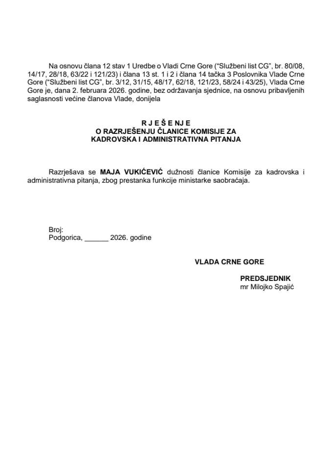 Predlog za razrješenje članice Komisije za kadrovska i administrativna pitanja