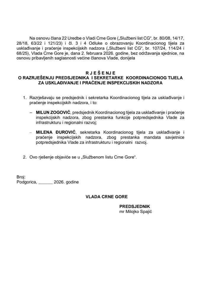 Predlog za razrješenje predsjednika i sekretarke Koordinacionog tijela za usklađivanje i praćenje inspekcijskih nadzora