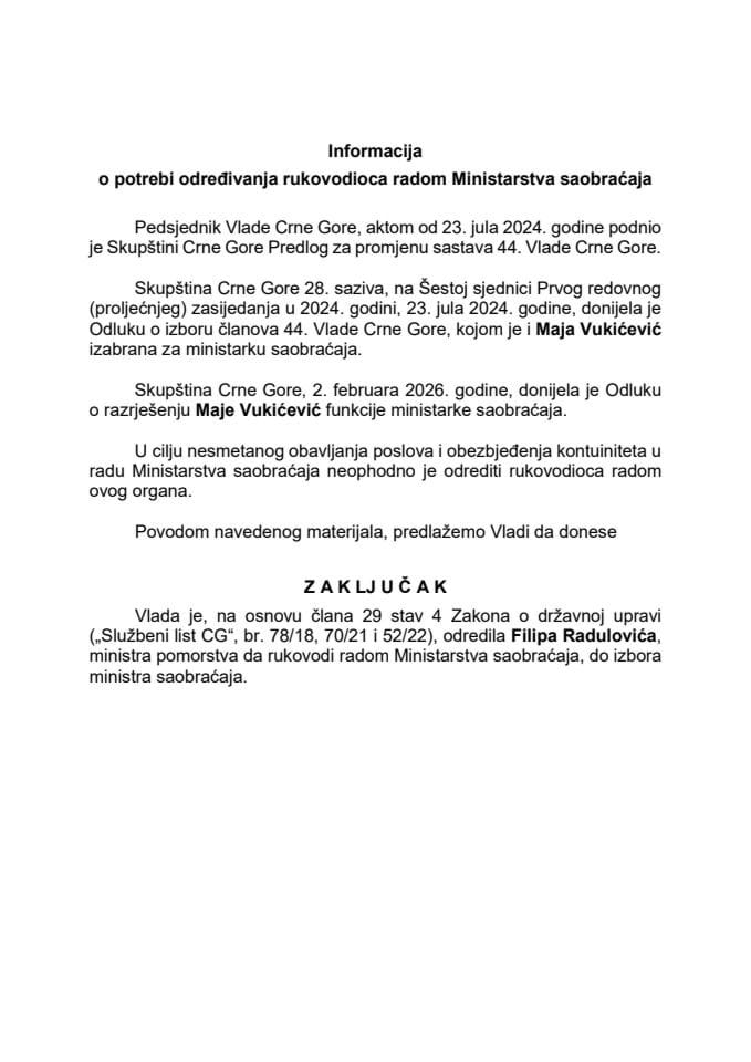 Informacija o potrebi određivanja rukovodioca radom Ministarstva saobraćaja