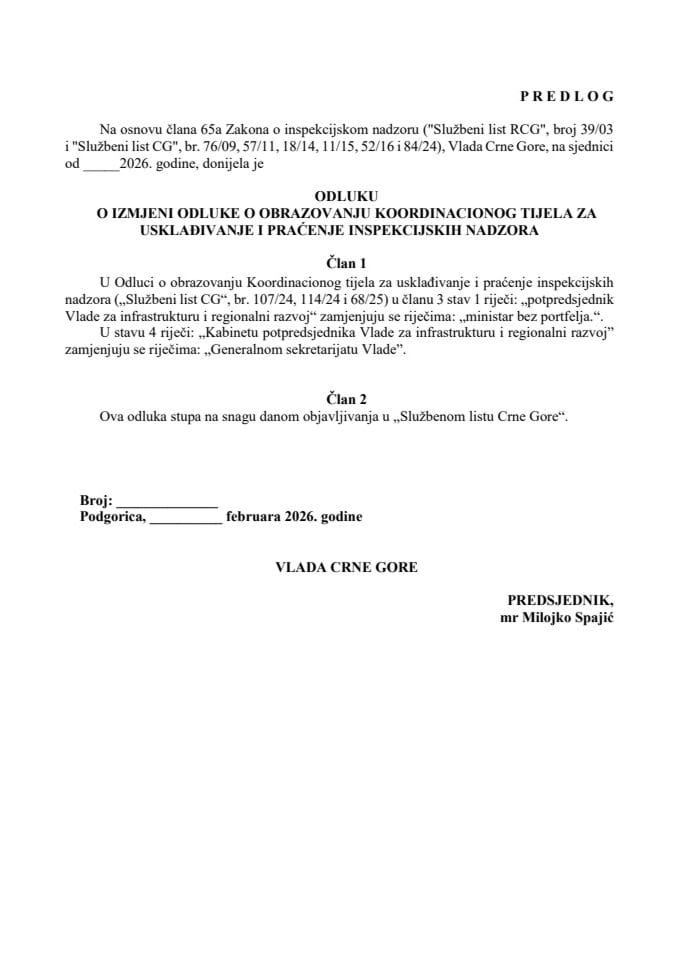 Predlog odluke o izmjeni Odluke o obrazovanju Koordinacionog tijela za usklađivanje i praćenje inspekcijskih nadzora