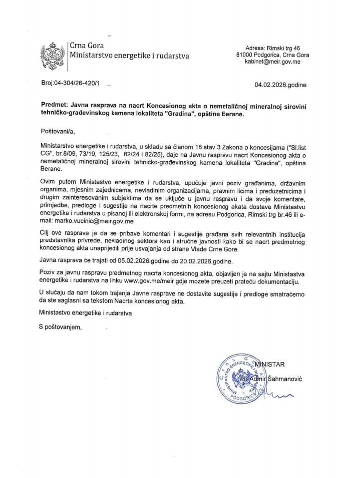 Javna rasprava na nacrt Koncesionog akta o nemetaličnoj mineralnoj sirovini tehničko-građevinskog kamena lokaliteta "Gradina", opština Berane