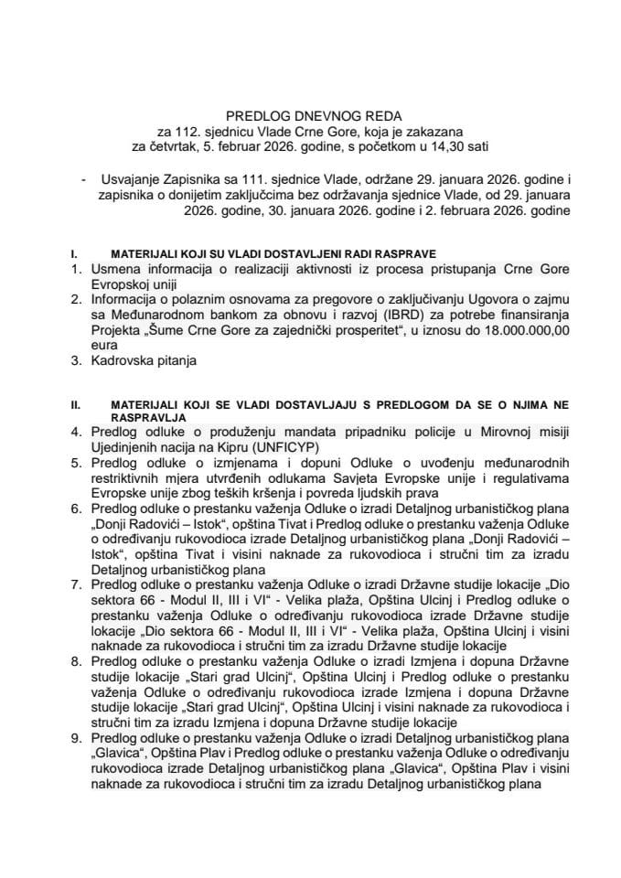 Predlog dnevnog reda za 112. sjednicu Vlade Crne Gore