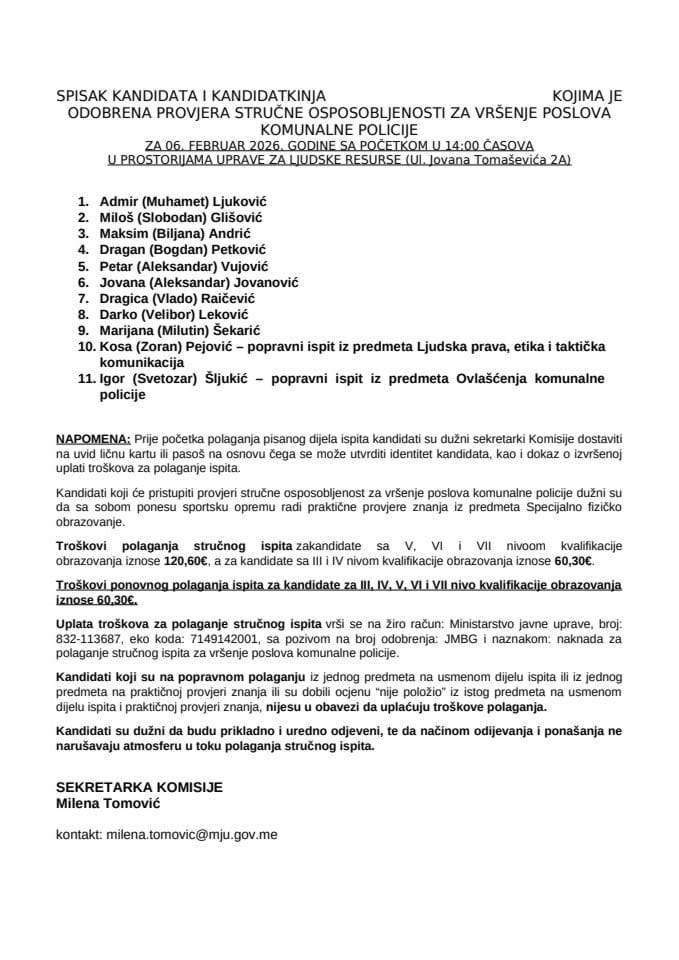 Spisak kandidata  6. februar 2026. -komunalni policajci