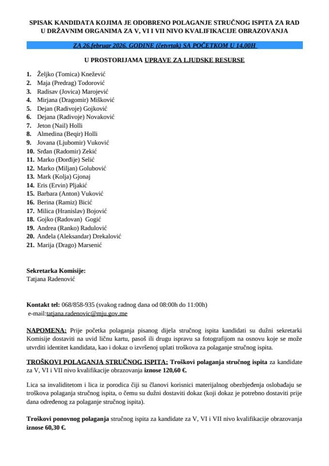 Spisak kandidata  26. februar 2026.
