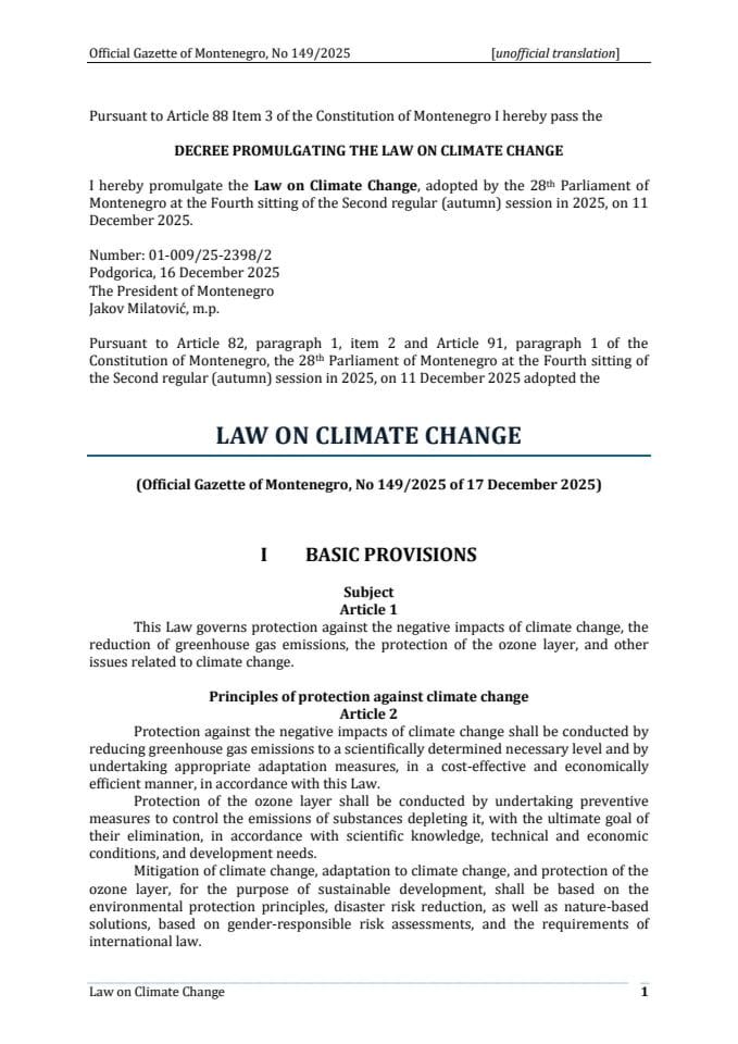 Montenegro Law on Climate Change OGMN 149-2025 ENG