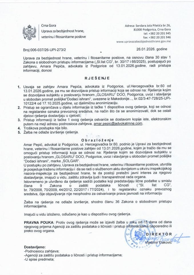 Rješenje 006-037/26-UPI-273/2 sa dokumentacijom