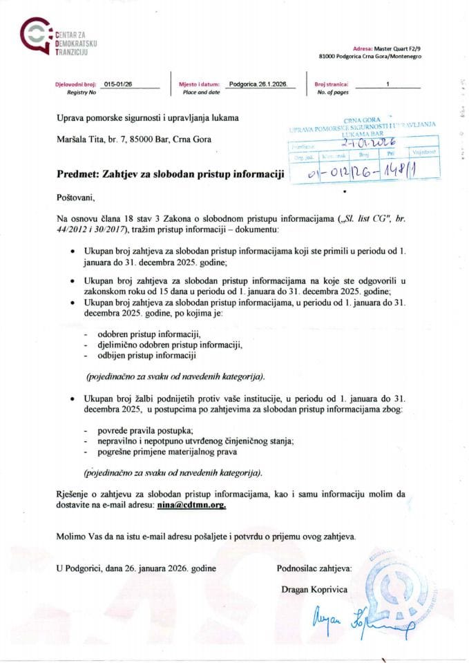 Zahtjev SPI br.015-01-26 od 26.1.2026. Dragan Koprivica-CDT i Rjesenje