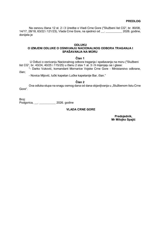 Predlog odluke o izmjeni Odluke o osnivanju Nacionalnog odbora traganja i spašavanja na moru