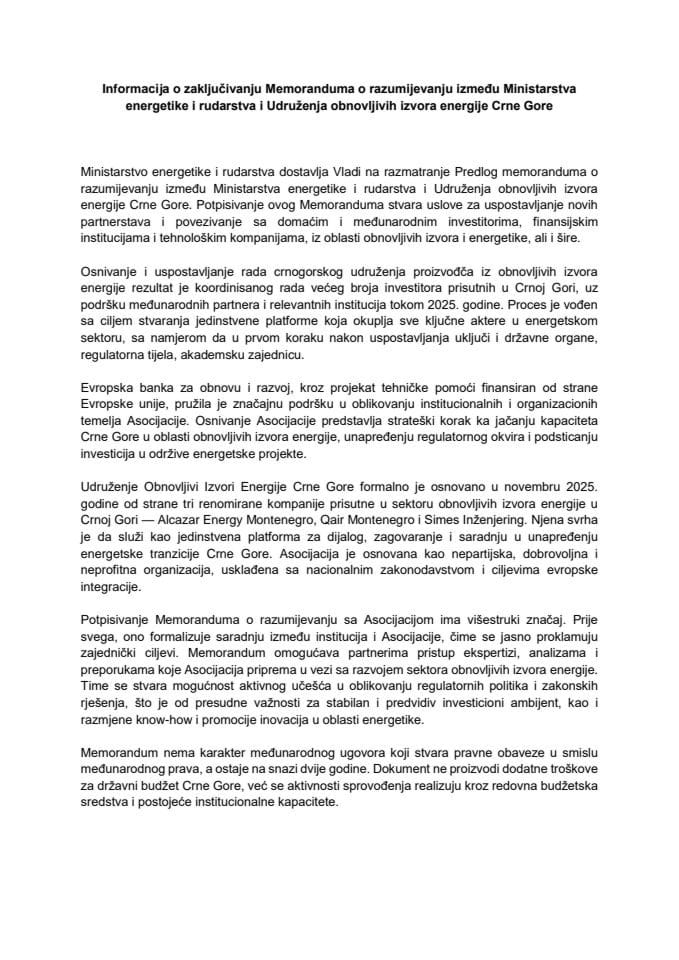 Informacija o zaključivanju Memoranduma o razumijevanju između Ministarstva energetike i rudarstva i Udruženja obnovljivih izvora energije Crne Gore sa Predlogom memoranduma