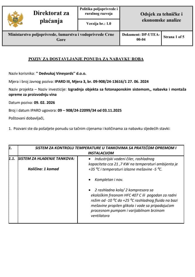 Систем за контролу температуре у танковима - Дедвукај Винеyардс доо