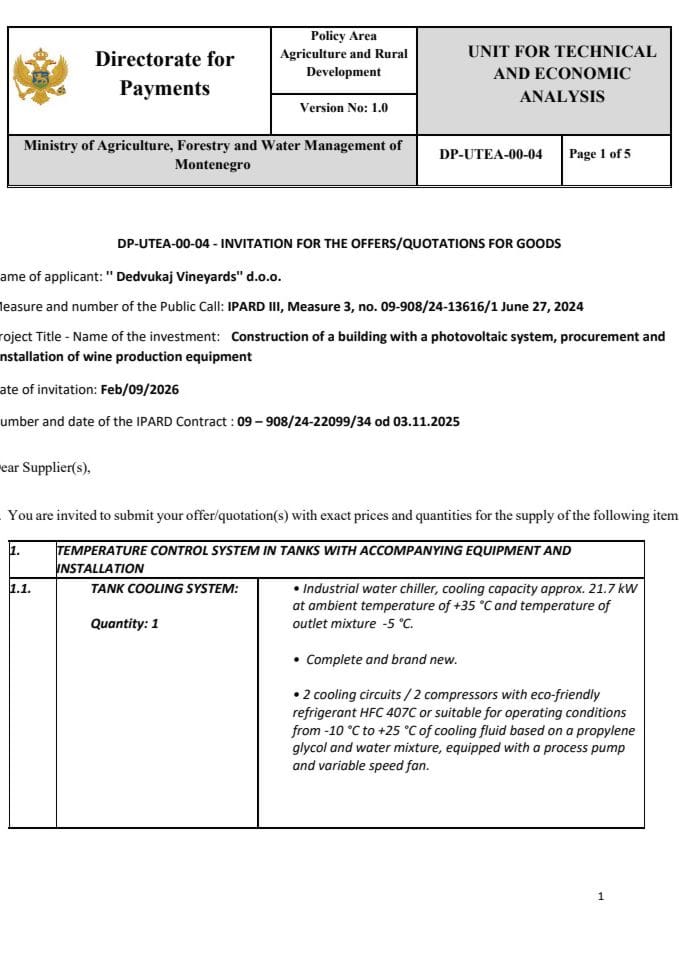 Цалл фор бидс - Танк цоолинг -- Дедвукај винеyардс доо