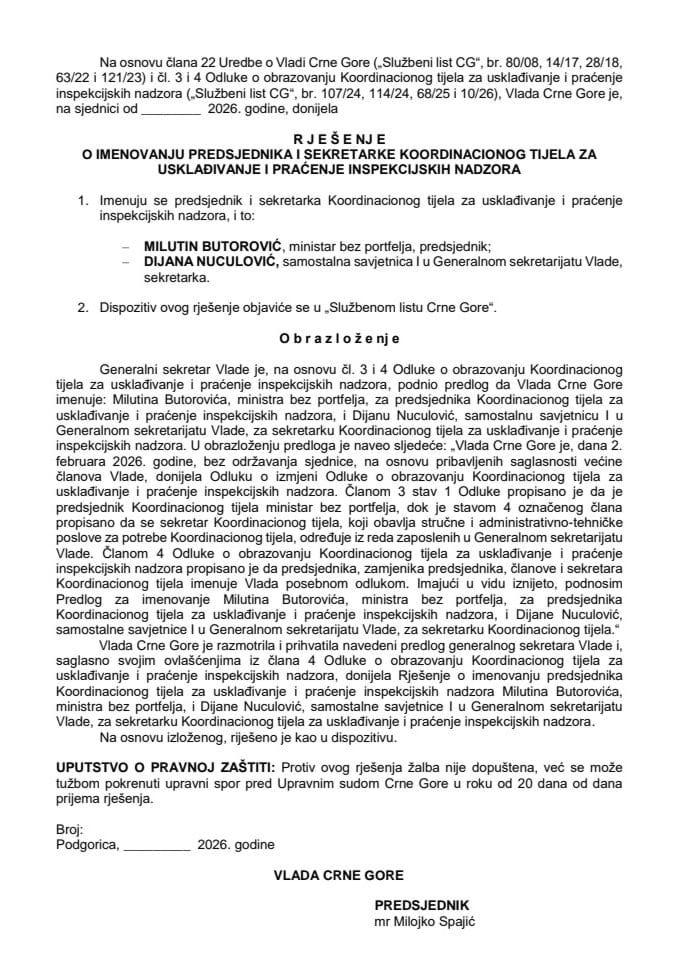 Predlog za imenovanje predsjednika i sekretarke Koordinacionog tijela za usklađivanje i praćenje inspekcijskih nadzora