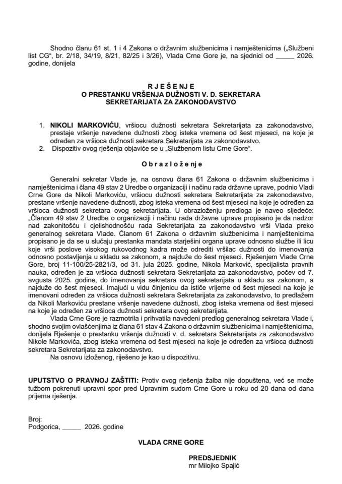 Predlog za prestanak vršenja dužnosti v. d. sekretara Sekretarijata za zakonodavstvo