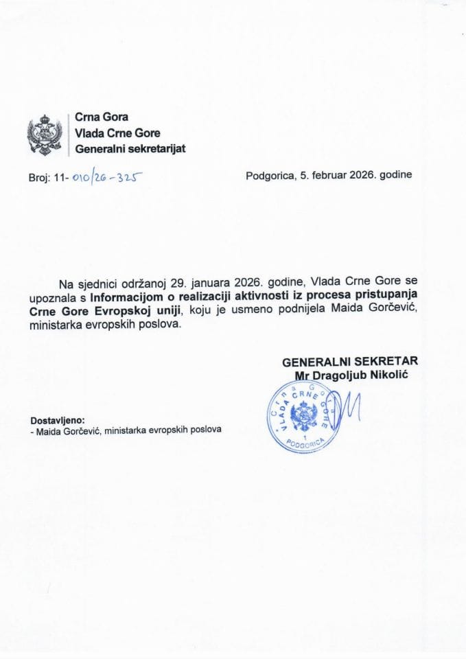 Усмена информација о реализацији активности из процеса приступања Црне Горе  Европској унији  - Закључци