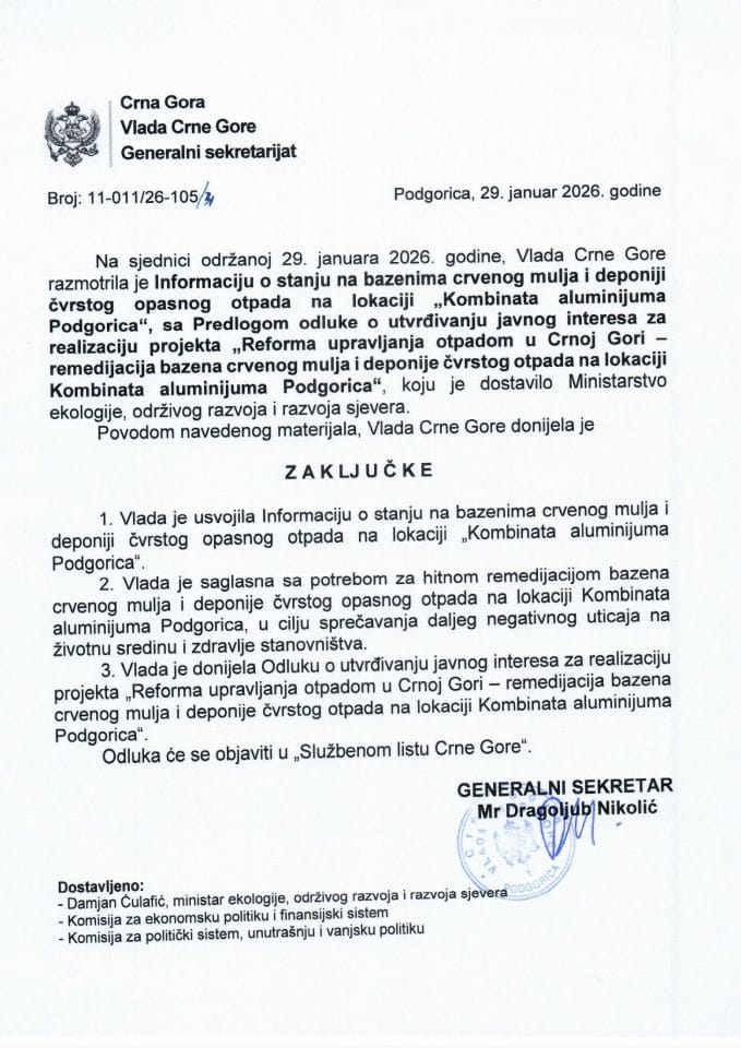 Информација о стању на базенима црвеног муља и депонији чврстог опасног отпада  на локацији „Комбината алуминијума Подгорица“ - Закључци