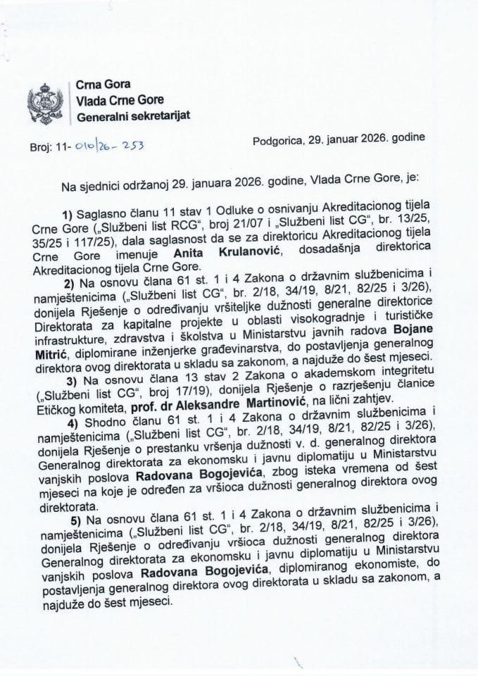 Kadrovska pitanja - 111. sjednica Vlade - Zaključci