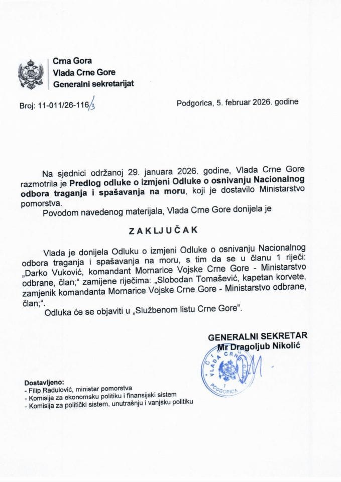 Predlog odluke o izmjeni Odluke o osnivanju Nacionalnog odbora traganja i spašavanja na moru - Zaključci