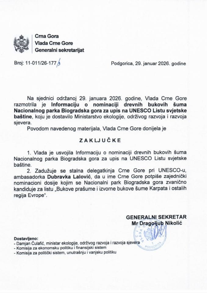 Informacija o nominaciji drevnih bukovih šuma Nacionalnog parka Biogradska gora za upis na UNESCO Listu svjetske baštine - Zaključci