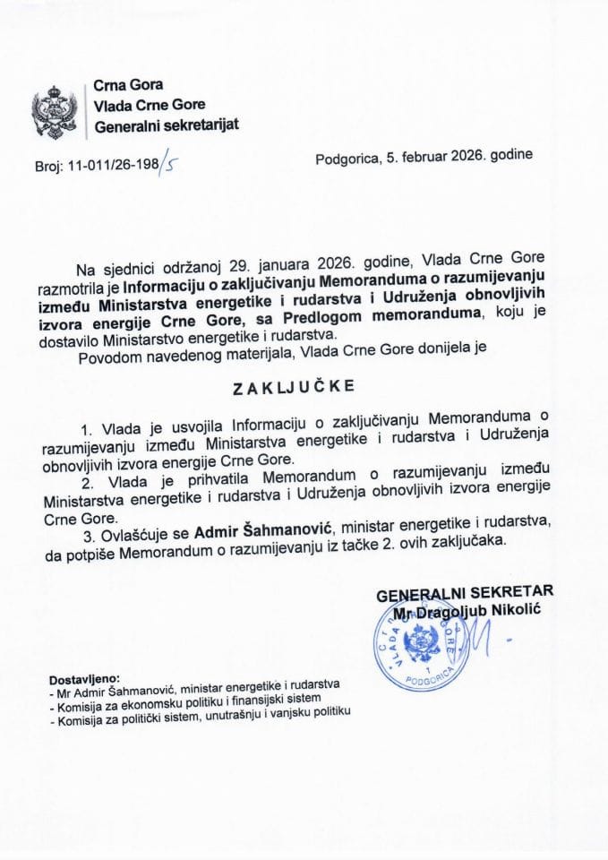 Информација о закључивању Меморандума о разумијевању између Министарства енергетике и рударства и Удружења обновљивих извора енергије Црне Горе са Предлогом меморандума - Закључци