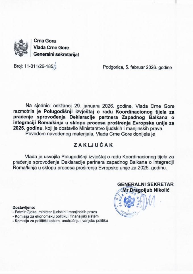Полугодишњи извјештај о раду Координациног тијела за праћење спровођења Декларације партнера Западног Балкана о интеграцији Рома/киња у склопу процеса проширења Европске уније за 2025. годину - Закључци