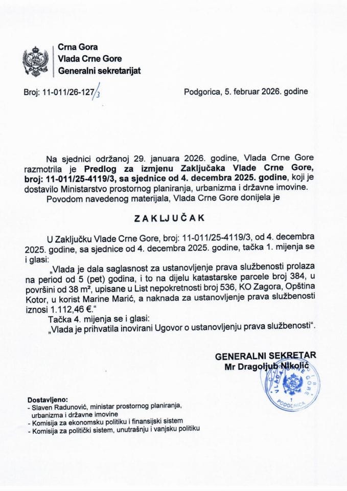 Predlog za izmjenu Zaključaka Vlade Crne Gore, broj: 11-011/25-4119/3, sa sjednice od 4. decembra 2025. godine -Zaključci