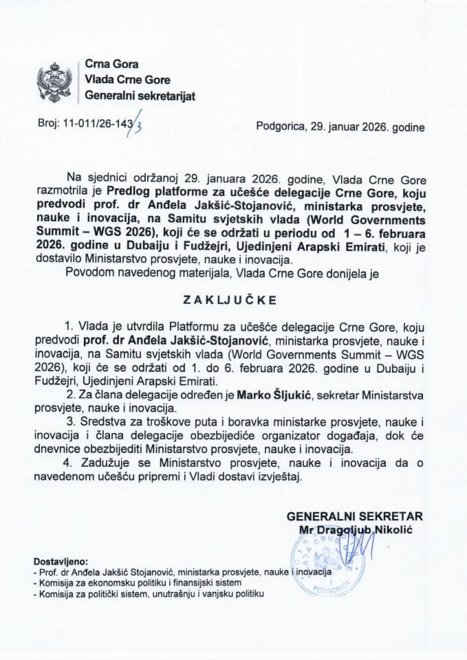 Predlog platforme za učešće delegacije Crne Gore, koju predvodi prof. dr Anđela Jakšić - Stojanović, ministarka prosvjete, nauke i inovacija, na Samitu svjetskih vlada (World Governments Summit - WGS 2026) - Zaključci