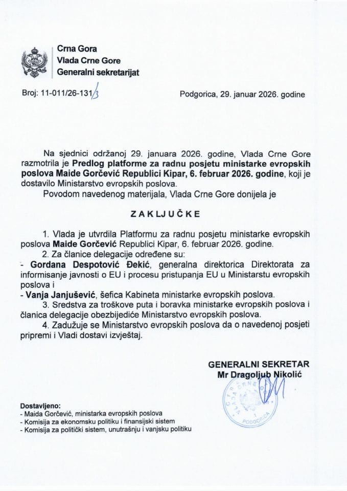Predlog platforme za radnu posjetu ministarke evropskih poslova Maide Gorčević Republici Kipar, 6. februar 2026. godine -Zaključci