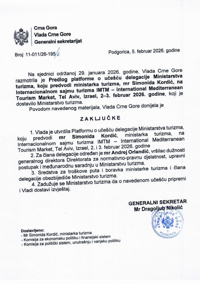 Predlog platforme o učešću delegacije Ministarstva turizma, koju predvodi ministarka turizma, mr Simonida Kordić na internacionalnom sajmu turizma IMTM - International Mediterranean Tourism Market, Tel Aviv, Izrael, 2 - 3. februar 2026. godine - Zaključci
