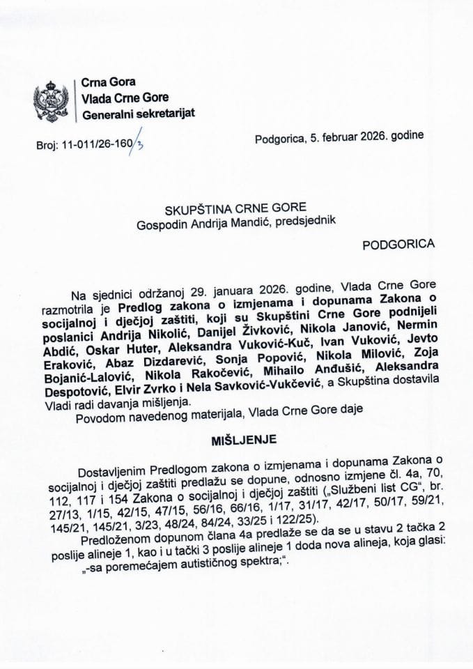 Predlog mišljenja na Predlog zakona o izmjenama i dopunama Zakona o socijalnoj i dječjoj zaštiti -Zaključci