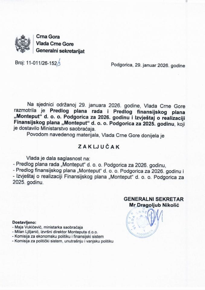 Predlog plana rada i Predlog finansijskog plana „Monteput“ d.o.o. Podgorica za 2026. godinu i Izvještaj o realizaciji Finansijskog plana „Monteput“ d.o.o. Podgorica za 2025. godinu -Zaključci