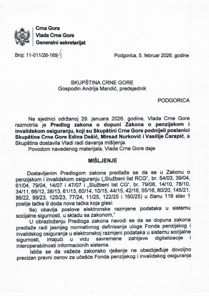 Predlog mišljenja na Predlog zakona o dopuni Zakona o penzijskom i invalidskom osiguranju (predlagači poslanici: Edina Dešić, Mirsad Nurković i Vasilije Čarapić) -Zaključci