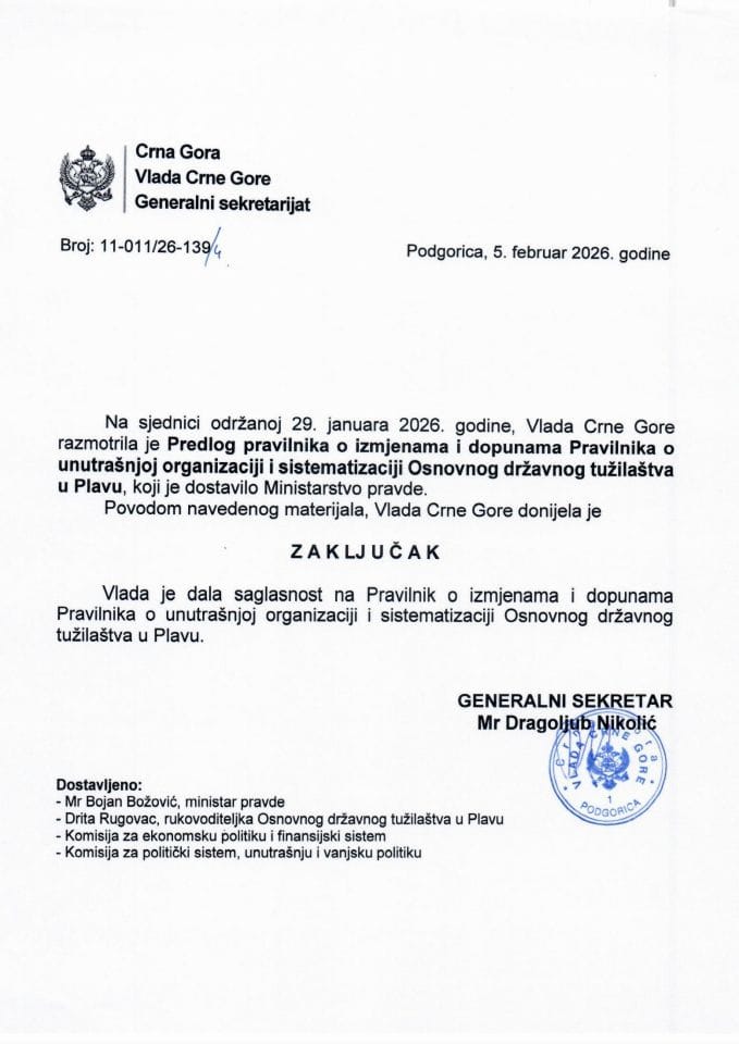 Предлог правилника о измјенама Правилника о унутрашњој организацији и систематизацији Основног државног тужилаштва у Плаву -Закључци