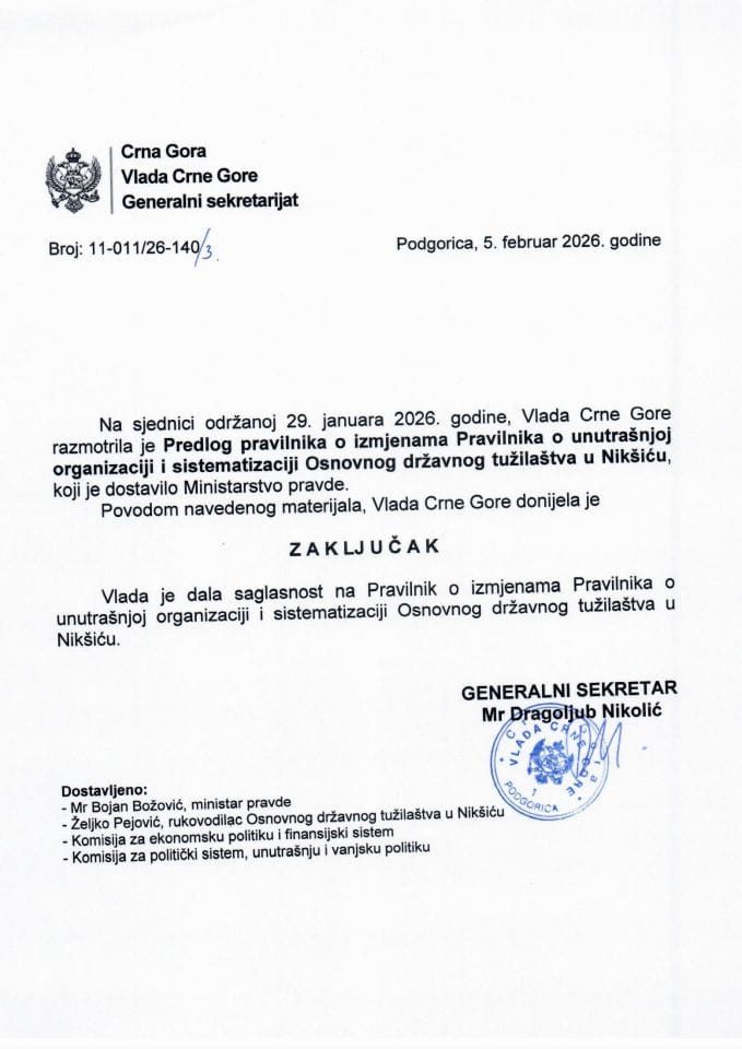 Predlog pravilnika o izmjenama Pravilnika o unutrašnjoj organizaciji i sistematizaciji Osnovnog državnog tužilaštva u Nikšiću -Zaključci