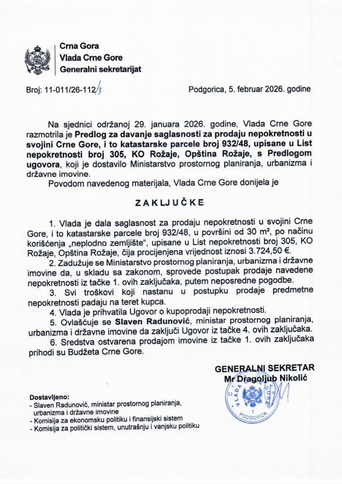 Предлог за давање сагласности за продају непокретности, у својини Црне Горе и то катастарске парцеле број 932/48, уписане у лист непокретности број 305, КО Рожаје, Општина Рожаје с Предлогом уговора -Закључци