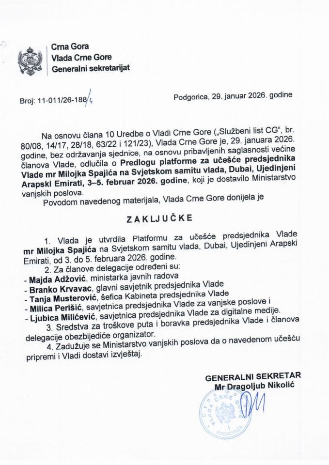 Predlog platforme za učešće predsjednika Vlade mr Milojka Spajića na Svjetskom samitu vlada, Dubai, Ujedinjeni Arapski Emirati, 3-5. februar 2026. godine - Zaključci