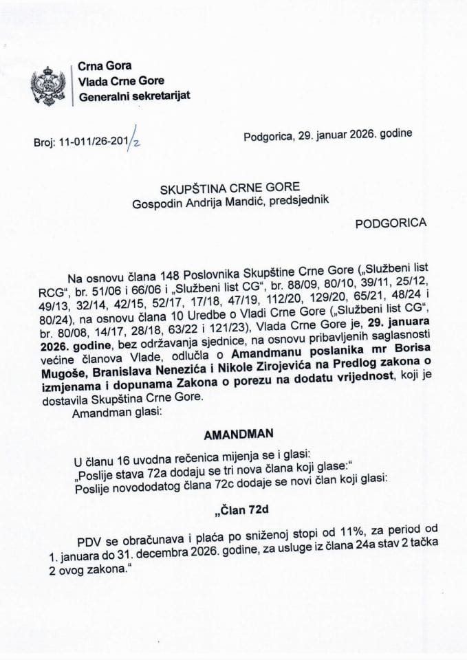 Предлог мишљења на Амандман на Предлог закона о измјенама и допунама Закона о порезу на додату вриједност (предлагачи посланици мр Борис Мугоша, Бранислав Ненезић и Никола Зиројевић) - Закључци